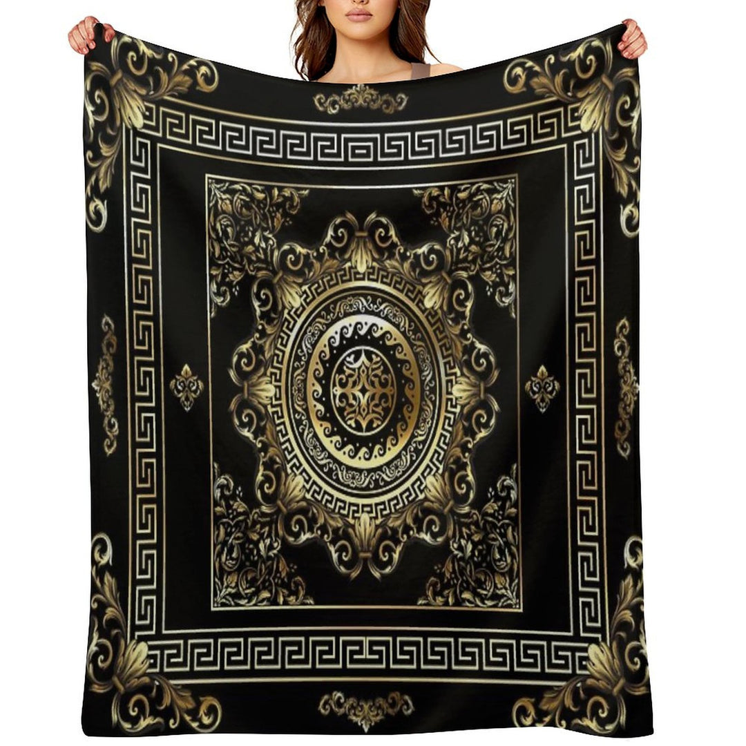 Ornate Baroque Black And Gold Greek Key Border Sustainable Throw Blanket