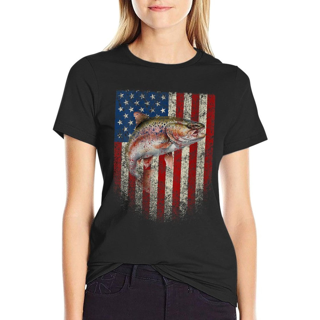 Womens American USA Rainbow Trout Fishing Red White Blue  Breathable T-Shirt
