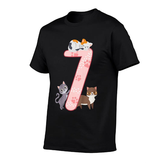 7th Birthday Girl Cats Outfit 7 Years Old  Ribbed Collar T-Shirt