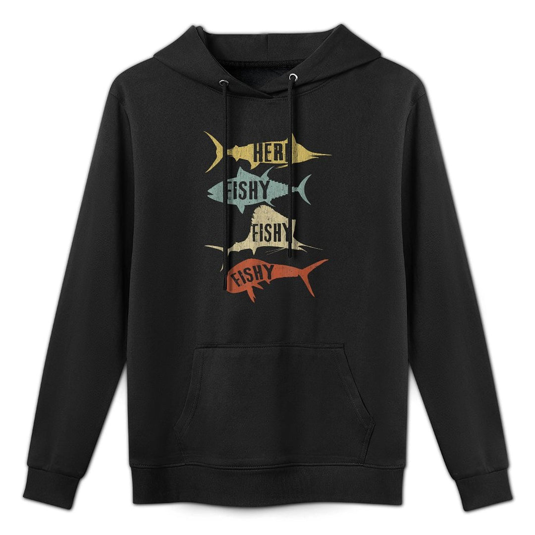 Salt Water Fishing Gift Ideas Funny Vintage Here Fishy-Fishy - Mens Unisex Black Cotton Polyester - Small Layering Staple Hoodie