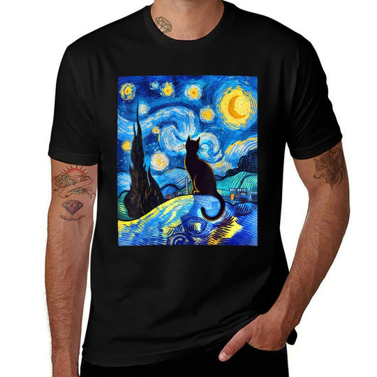 Black Cat on A Starry Night – Cat Lover Funny Van Gogh  Breathable T-Shirt