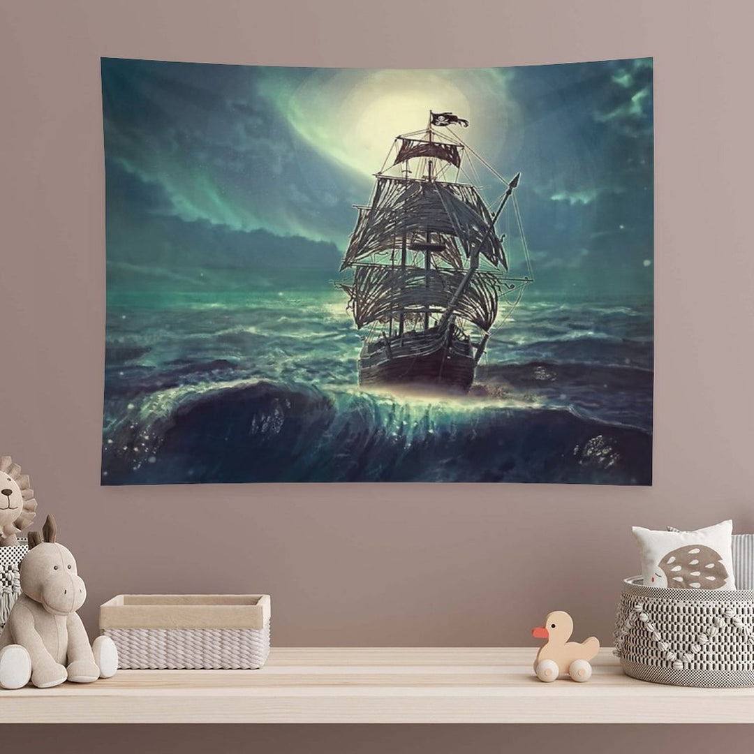 Ghost Pirate Ship at Night Tapestry