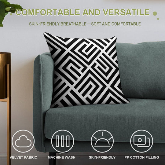 LABYRINTH TILES PATTERN BLACK AND WHITE, BY SUBGIRL Soft Short Plush Fabric Throw Pillow