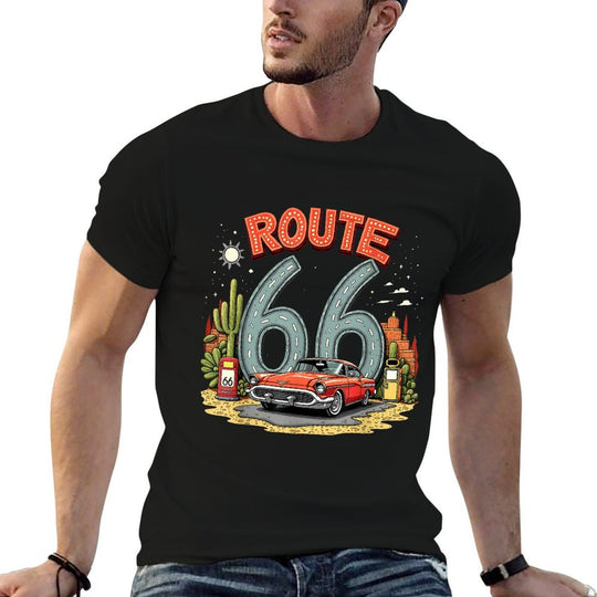 Desert Road Trip Route 66 Design with Classic Red Car  Polyester Blend T-Shirt