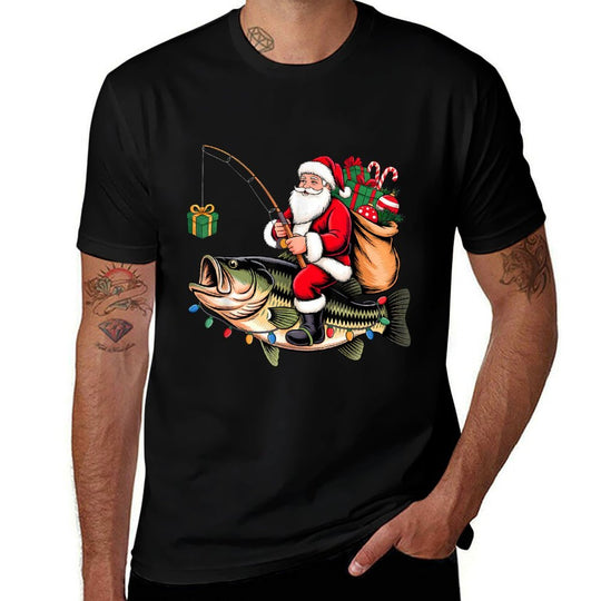 Santa Riding Bass Fish Christmas Fishing Funny Xmas Pajamas  Heathered Texture T-Shirt
