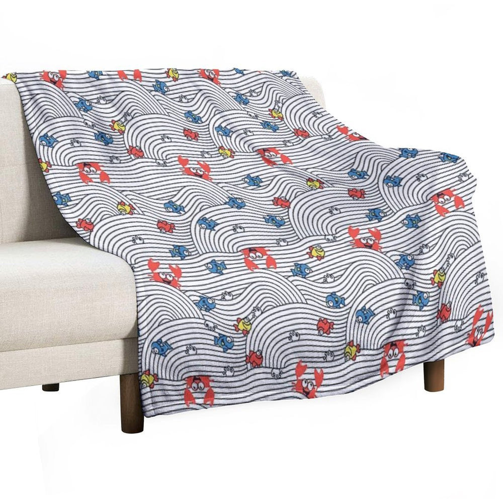 Grafic Waves from Stripes with Fish And Crabs. Sea Seamless Pattern. Plush Throw Blanket