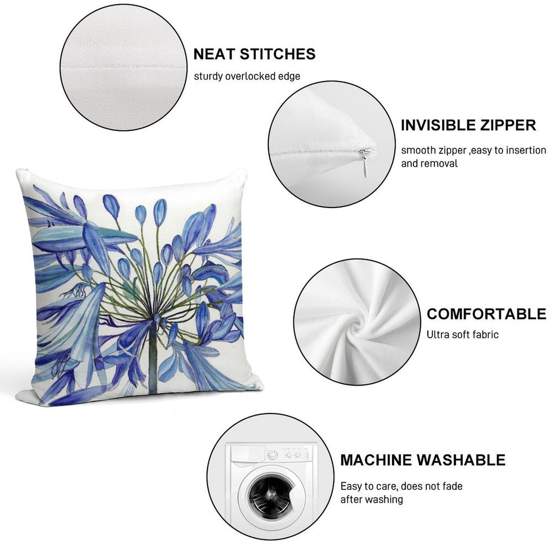 Blue Agapanthus Flower Watercolour Painting Soft Reinforced Edging Throw Pillow