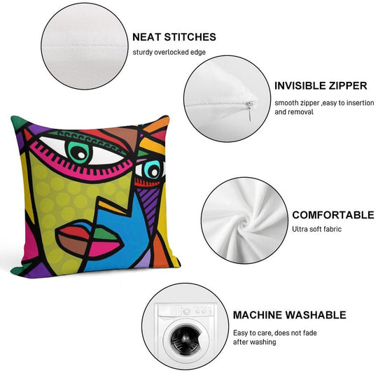 Funky Abstract Art Face with Dots And Stripes Soft Durable Construction Throw Pillow