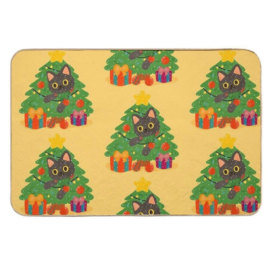 Christmas Black Cat with Tree – Cute Holiday Illustration  Long-Lasting Bath Mat