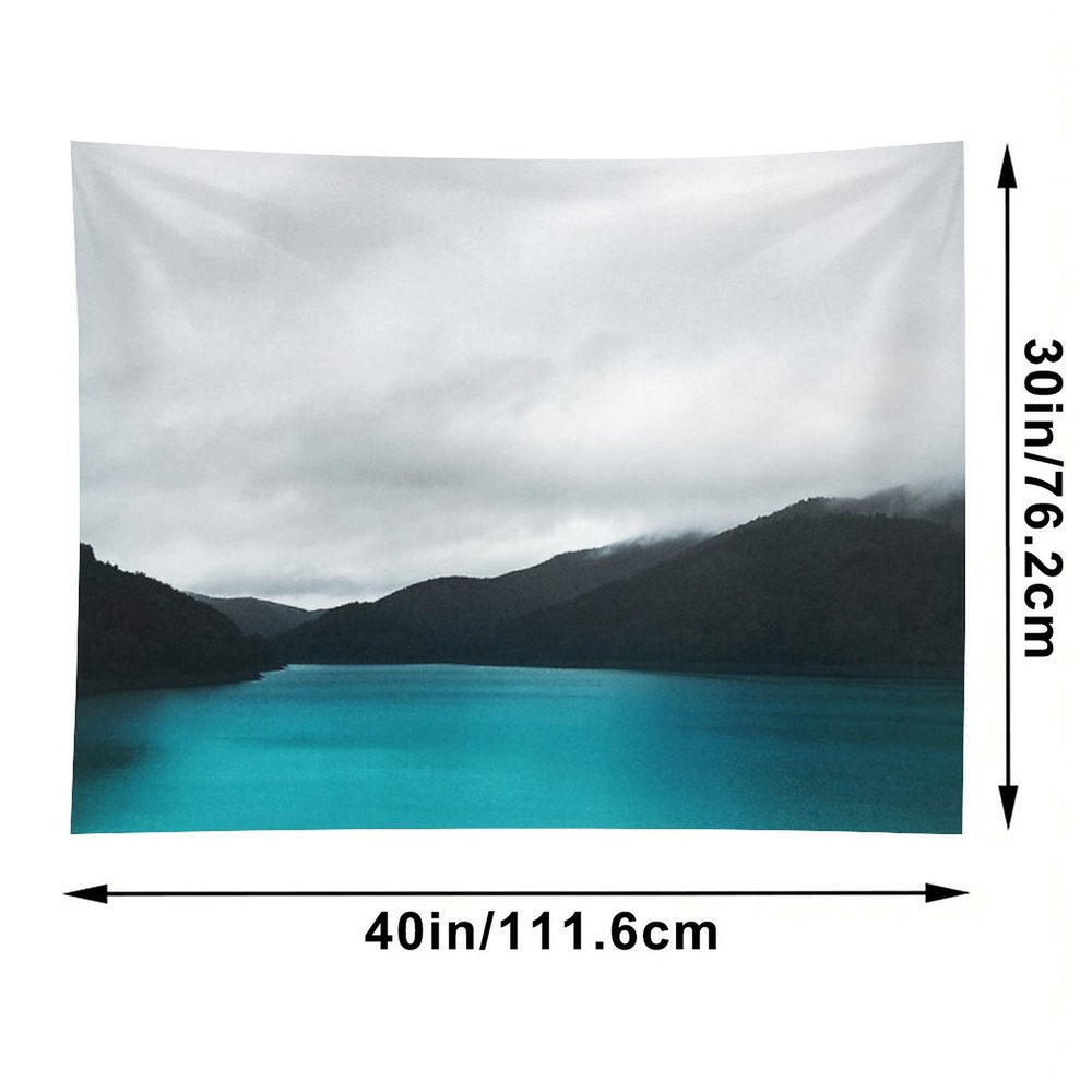 The Waters And The Wild  Vintage Retro Glowing Wilderness Mountain Lake With Cascadia Trees Covered In Fog Tapestry