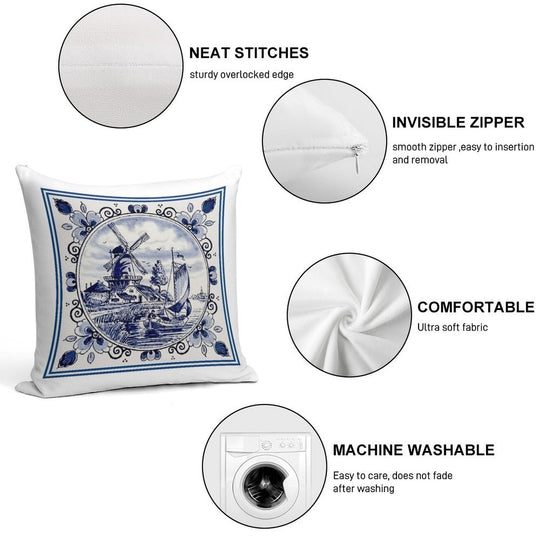 DUTCH BLUE DELFT Vintage Windmill Print Soft Gift Ready Throw Pillow