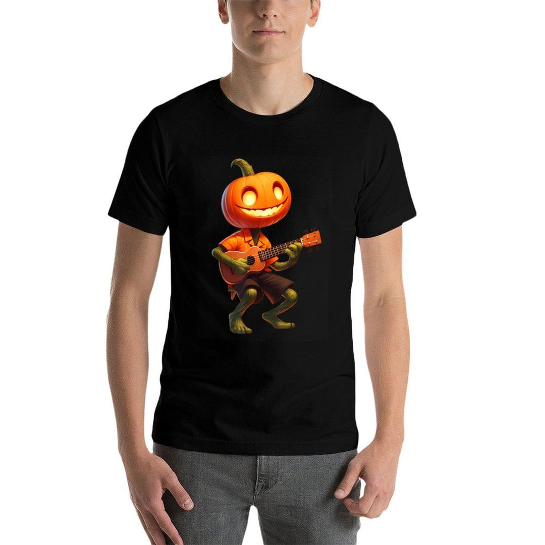 Pumpkin Face Playing Ukulele Halloween Costume Men Boys Kids  Versatile T-Shirt