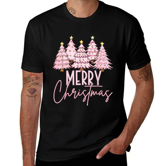 Pink Christmas Tree Merry And Bright Christmas Tree  Cotton T-Shirt
