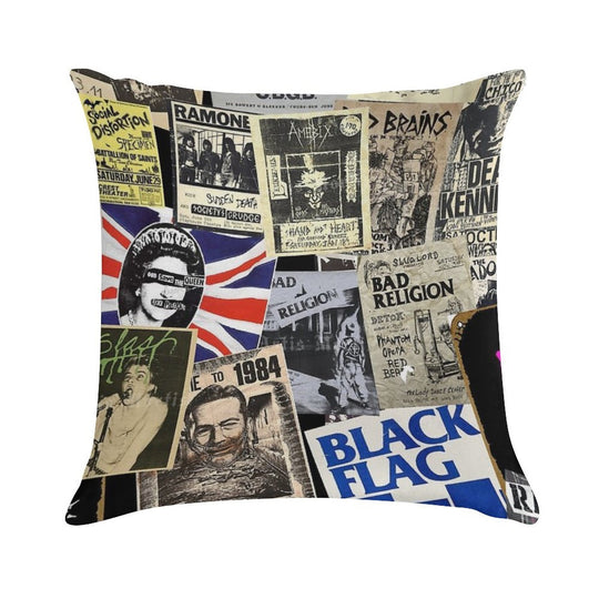 Punk Rock Vintage Poster Collage Collection Soft Reinforced Edging Throw Pillow
