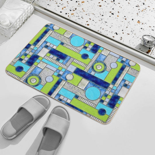 Stained Glass Window Color Blocking - Blue Green  Pet-Safe Bath Mat