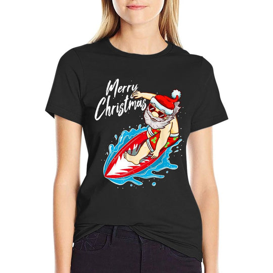 Funny Surfing Santa Claus Hawaiian Christmas Santa Surfing  Stretchy T-Shirt