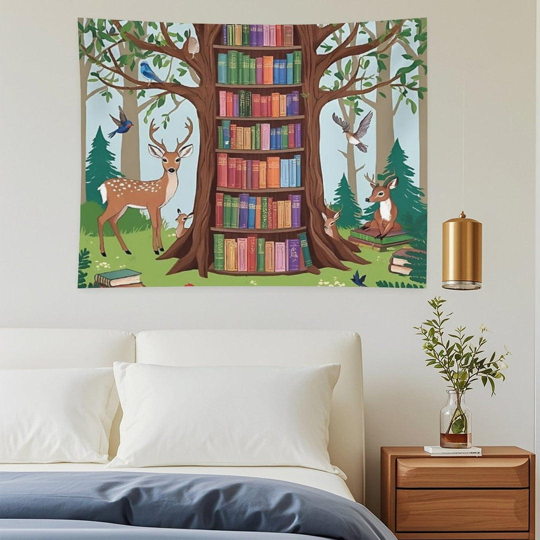 Enchanted Forest Library – Whimsical Book Haven Illustration Tapestry