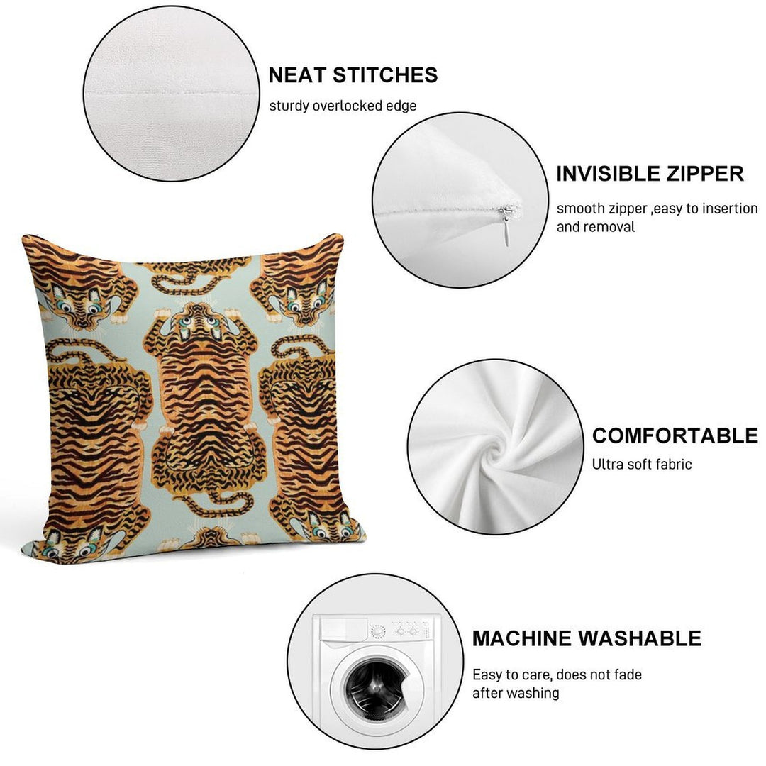 Cute Golden Tibetan Tiger Rug in Sage Soft High-Density Material Throw Pillow