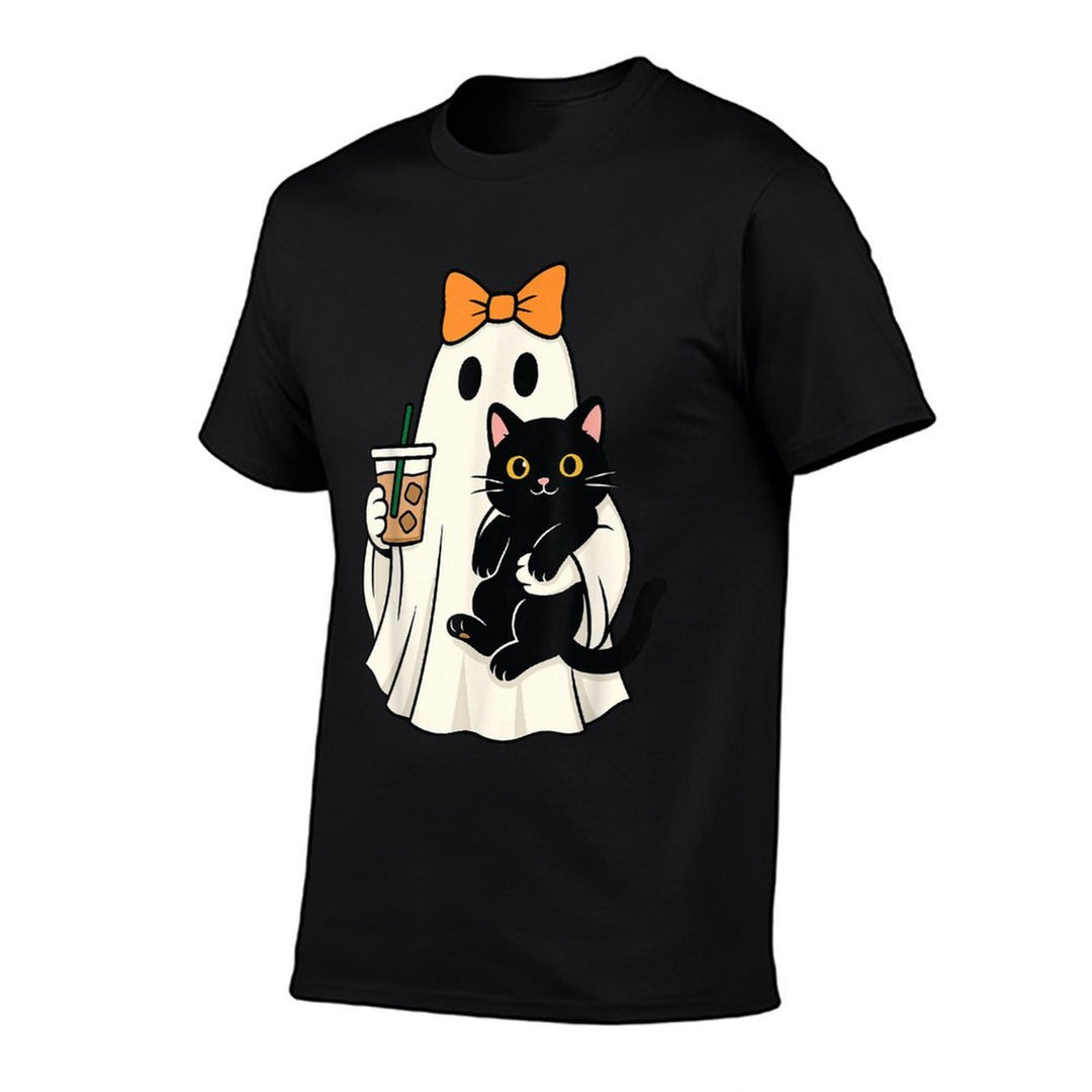 Cute Halloween Cat Ghost Drinking Coffee Ghost Women Girls  Graphic-printed T-Shirt