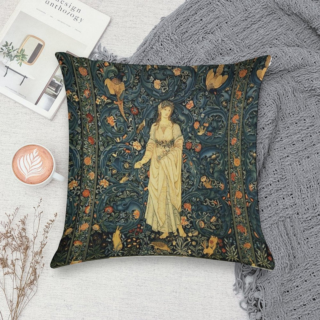 LADY FLORA, GREENERY, FOREST ANIMALS ,PHEASANT BIRDS ,RABBITS Blue Green Floral Tapestry Soft Warmth Comfort Throw Pillow