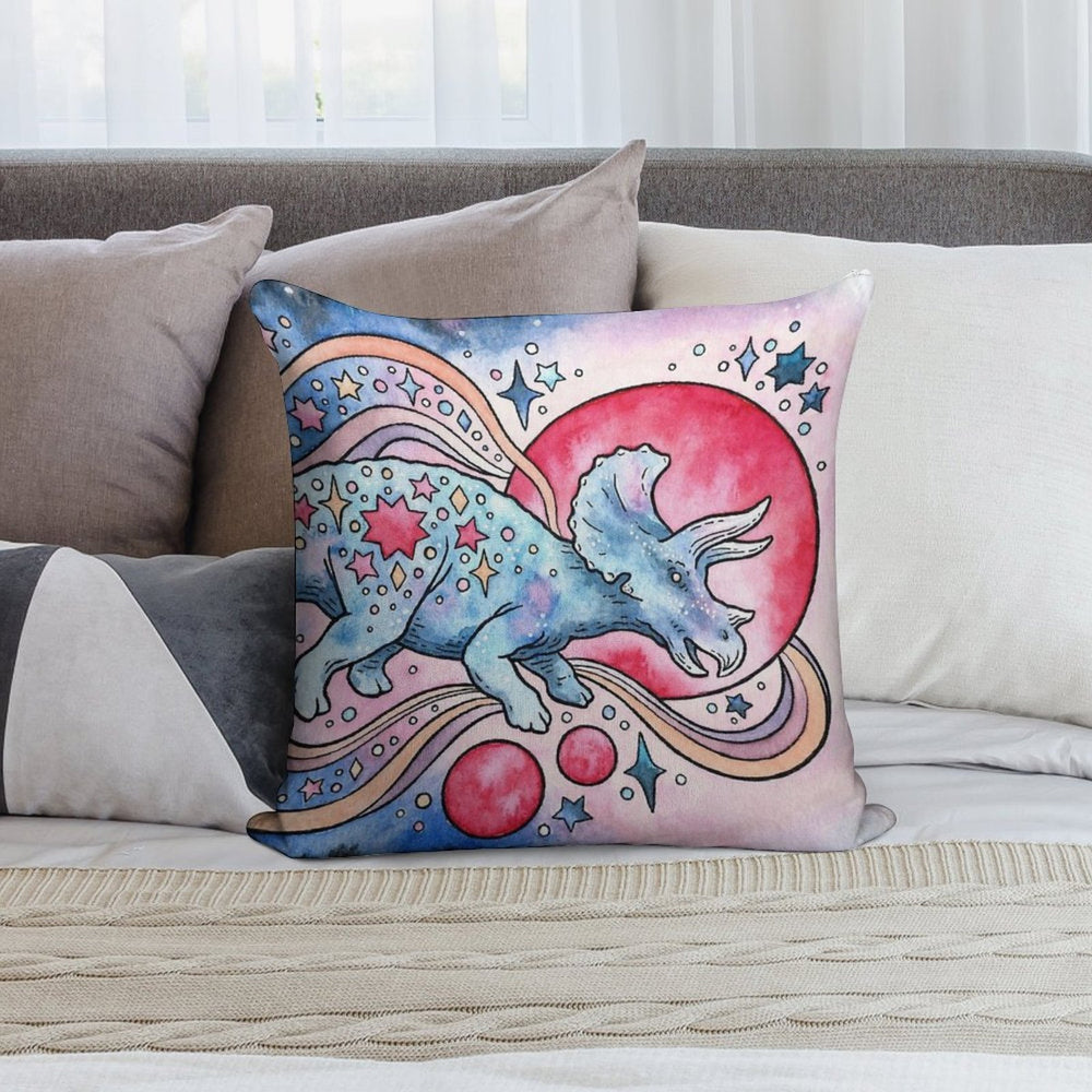Star Tricera  Cosmic Dinosaur Watercolor Soft Reinforced Edging Throw Pillow