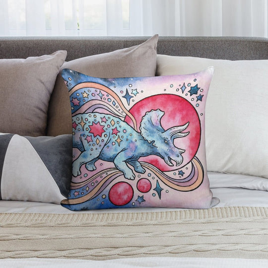Star Tricera  Cosmic Dinosaur Watercolor Soft Reinforced Edging Throw Pillow