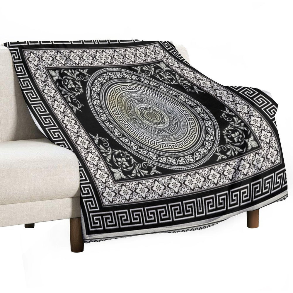 Greek Key Meander Black Cream Ornate Medallion Machine-washable Throw Blanket