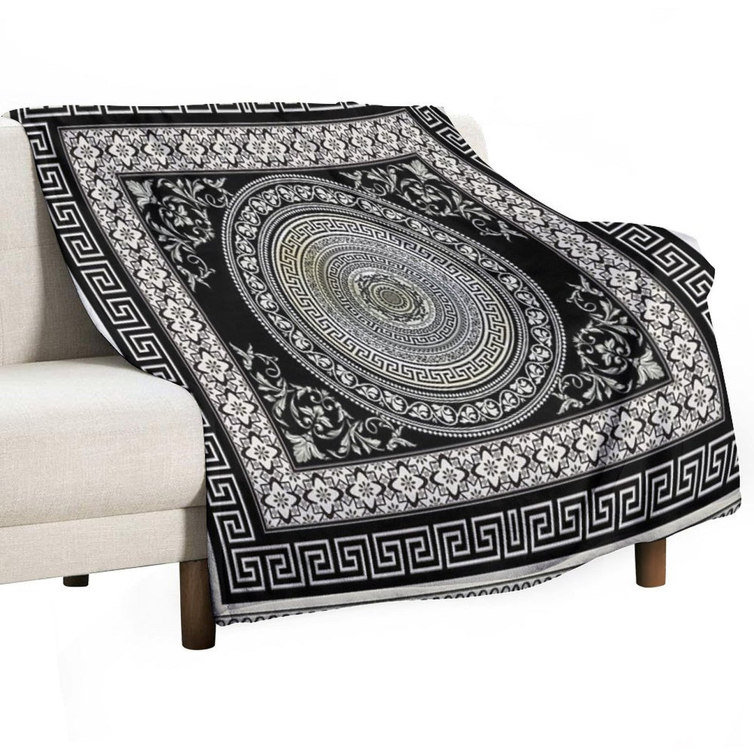 Greek Key Meander Black Cream Ornate Medallion Machine-washable Throw Blanket