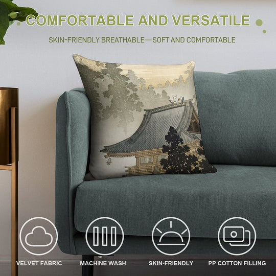 Pagoda - Japanese Art 1900s Soft Style Accent Throw Pillow