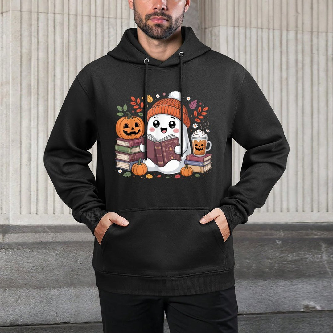 Cute Ghost Reading Book Lover Halloween Ghost Coffee Pumpkin Adjustable Hood Hoodie