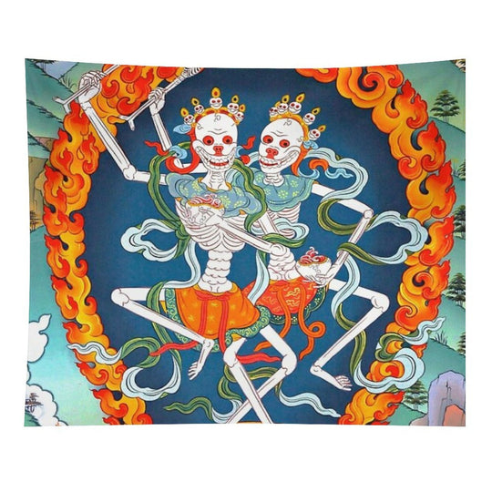 Citipati Tibetan Buddhist Thangka - Dancing Skeletons - Poster Tapestry