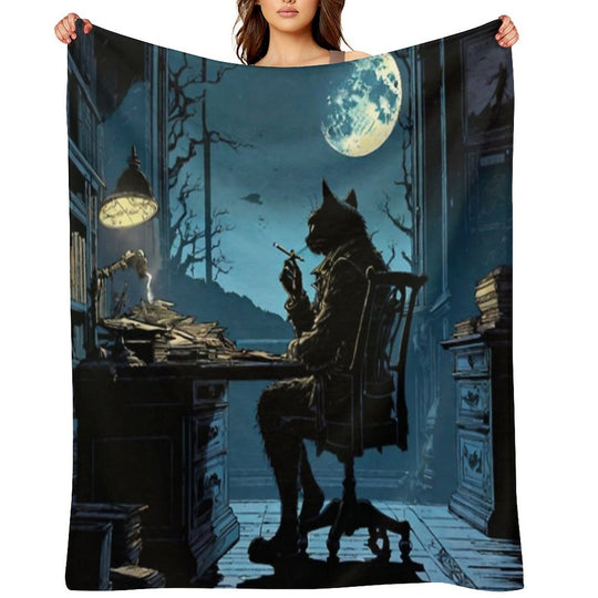 A Cat with A Cigarette in His Office in Front of The Moon Sustainable Throw Blanket