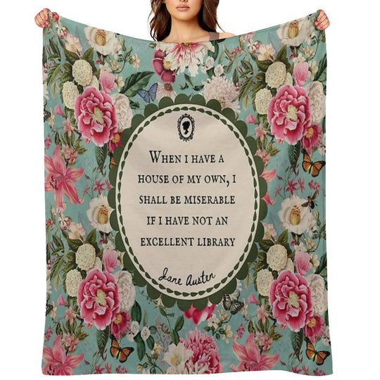 Jane Austen Library Quote, Literary, Bookish, Book Lover, Vintage Floral Flowers Machine-washable Throw Blanket
