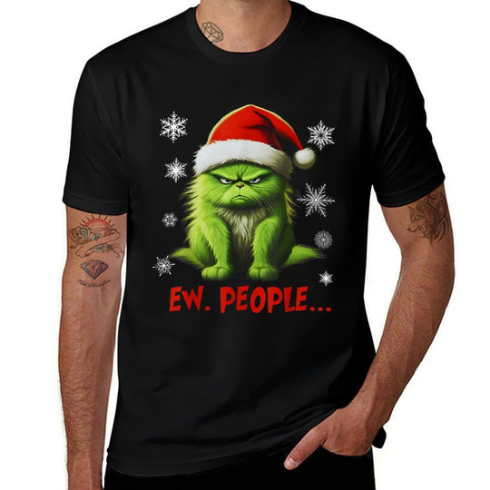 Funny Christmas Cat Ew People Meowy Cat Lovers Santa Hat Y2K  Easy-care T-Shirt
