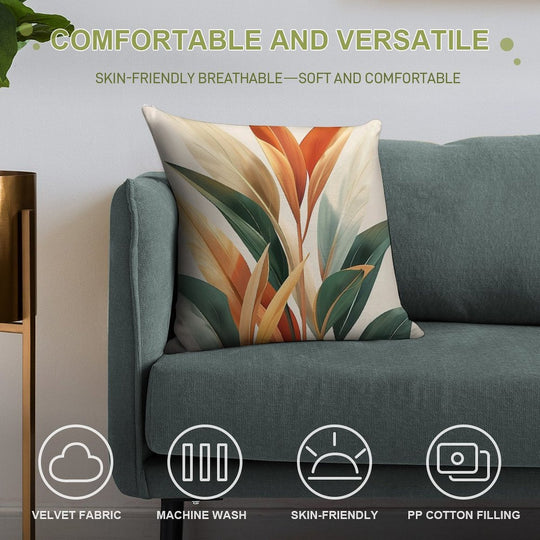 Boho Leaves Wall Art, Orange And Green Soft Multiple Sizes Throw Pillow