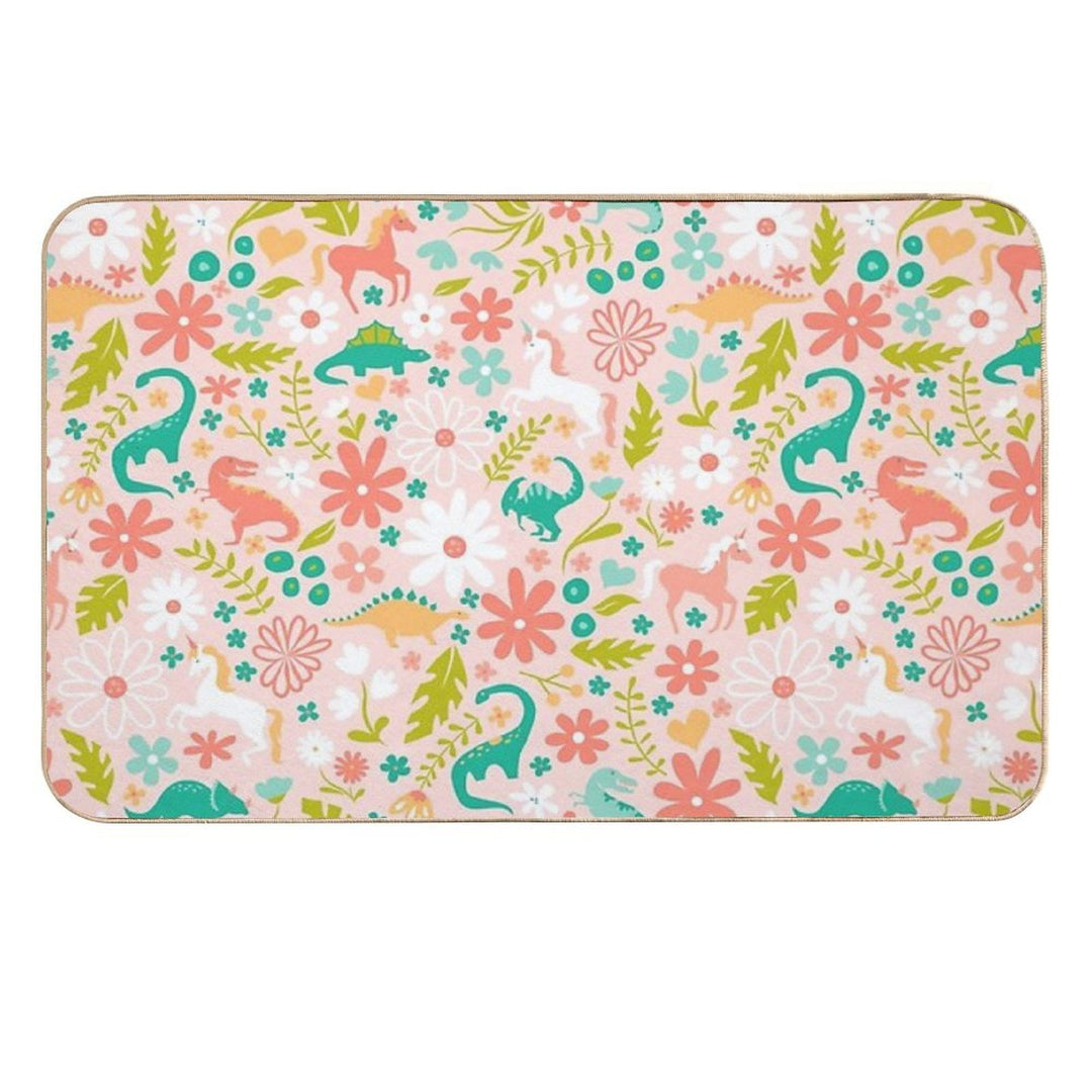 Dinosaurs + Unicorns on Pink  Rapid-Drying Bath Mat