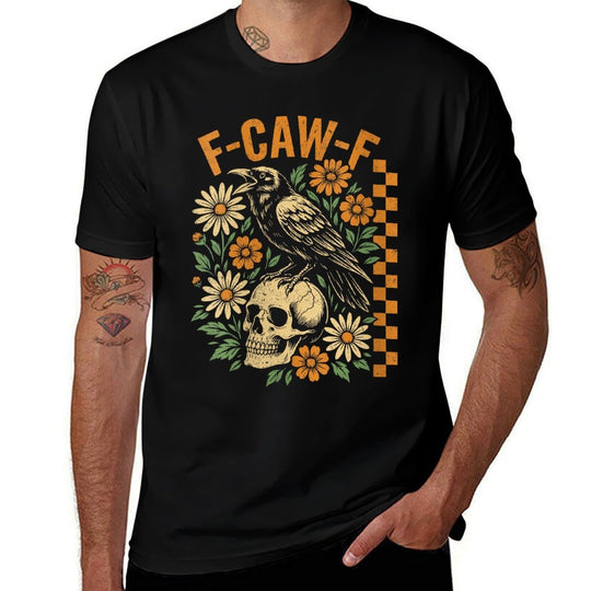Womens Retro Black Crow F-Caw-F Black Bird Skull Floral Halloween  Graphic-printed T-Shirt