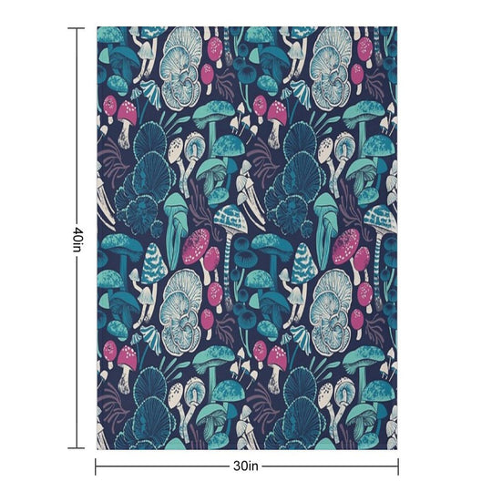 Mystical Fungi  Midnight Blue Background Mint Teal And Dark Pink Wild Mushrooms Easy Care Throw Blanket