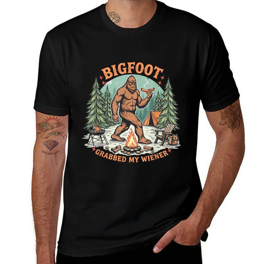 Funny Bigfoot Meme Sasquatch Men Bigfoot Grabbed My Wiener  Cotton T-Shirt