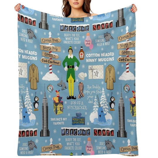 Buddy The Elf Collage, Blue Background Quick-dry Throw Blanket