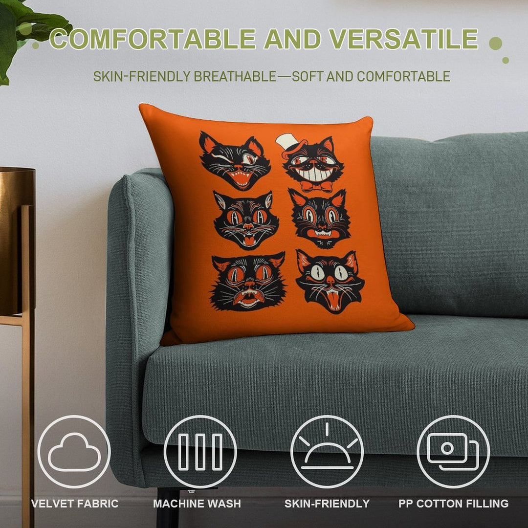 CTKR Studio Retro Style Vintage Inspired Halloween Black Cat by Face Collection Soft Fade-Resistant Throw Pillow