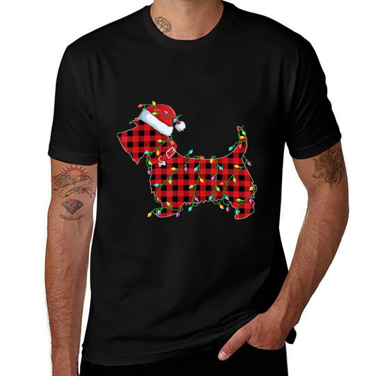 Xmas Lighting Matching Buffalo Plaid Scottie Dog Christmas  Easy-care T-Shirt