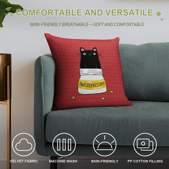 FUR ANTIDEPRESSANT . Cute Black Cat Illustration. A Gift for A Pet Lover. Soft Durable Construction Throw Pillow