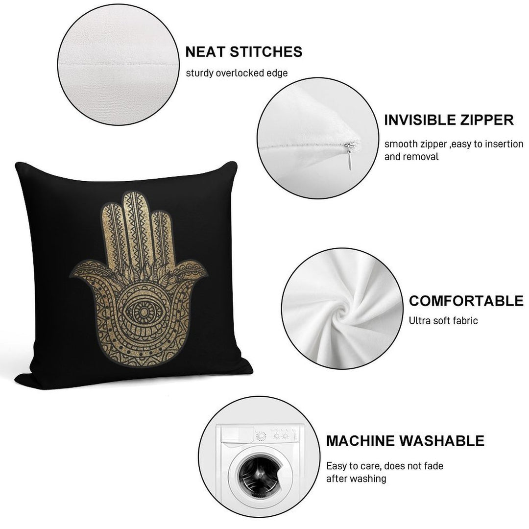 Golden Hamsa Hand Soft Hidden Zipper Throw Pillow