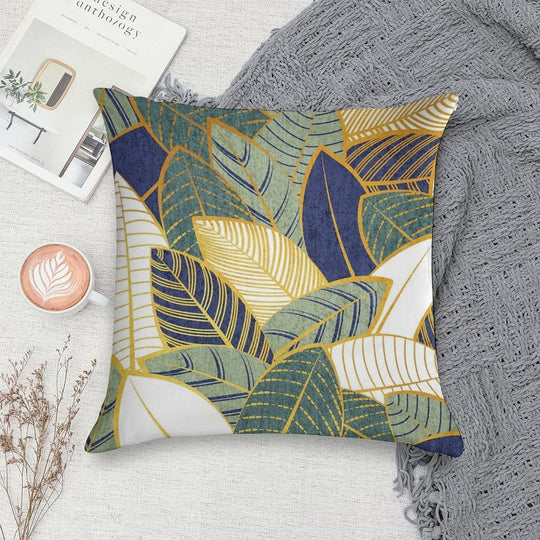 Leaf Wall  Navy Blue Pine And Sage Green Leaves Golden Lines Soft Easy Maintenance Throw Pillow
