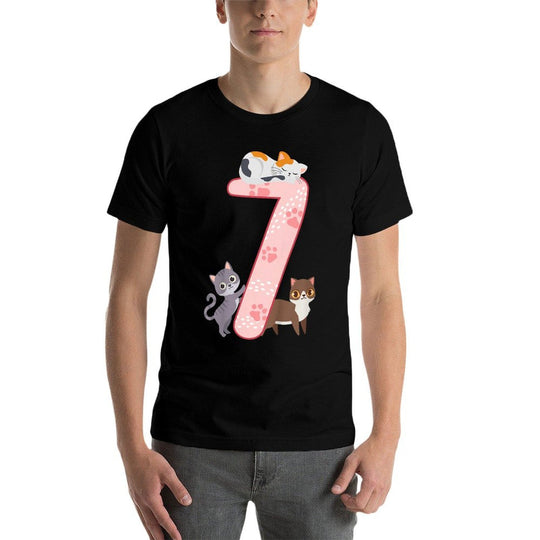 7th Birthday Girl Cats Outfit 7 Years Old  Ribbed Collar T-Shirt