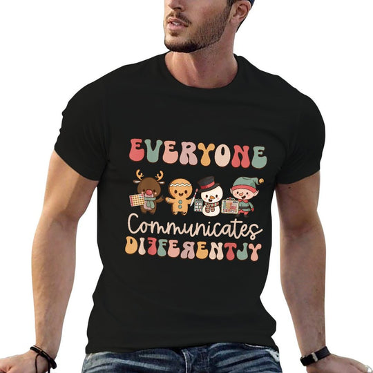 Everyone Communicates Differently Autism Awareness Christmas  Heathered Texture T-Shirt