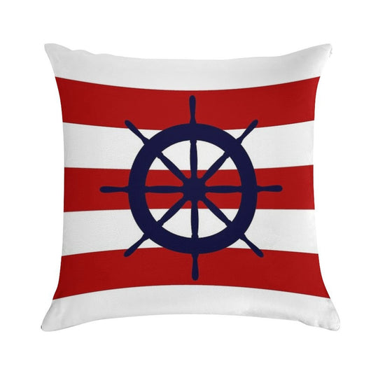 Nautical Navy Blue Ship's Steering Wheel On Red Stripes Soft Fade-Resistant Throw Pillow