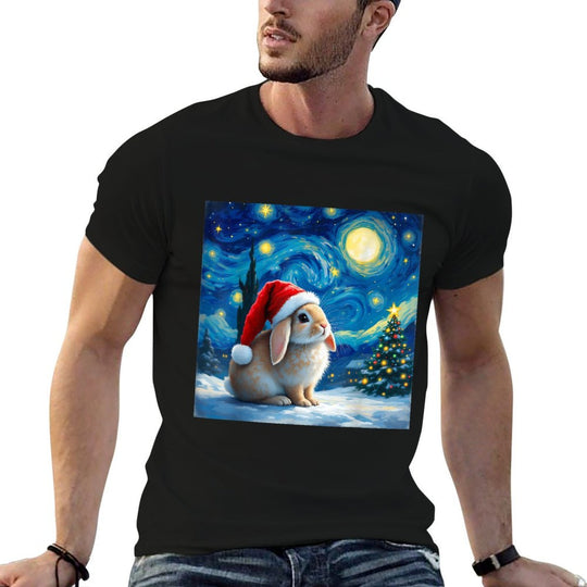 Christmas Rabbit Santa Hat Van Gogh Starry Night Holiday  High-quality Stitching T-Shirt