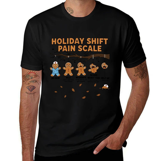 Shift Nurse Pain Scale Funny Gingerbread RN Christmas  Summer-ready Fabric T-Shirt